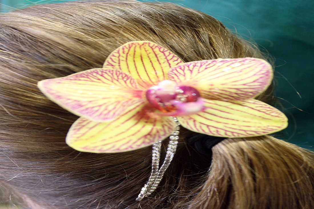 hair- yellow, orange orchid