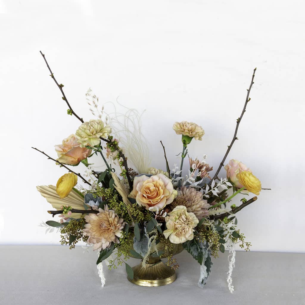 Gold Vase Flower Arrangement with Pale Autumn Hues