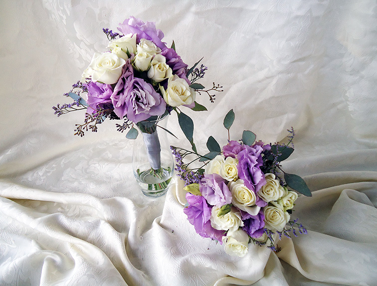 Lilac Lisianthus White Roses Seeded Eucalyptus Misty Blue Wedding Bouque