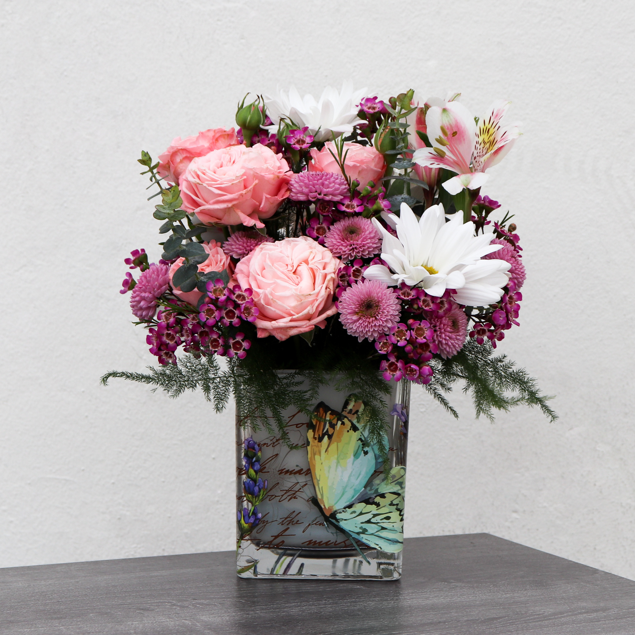 Butterfly Kisses Bouquet in Cube Vase